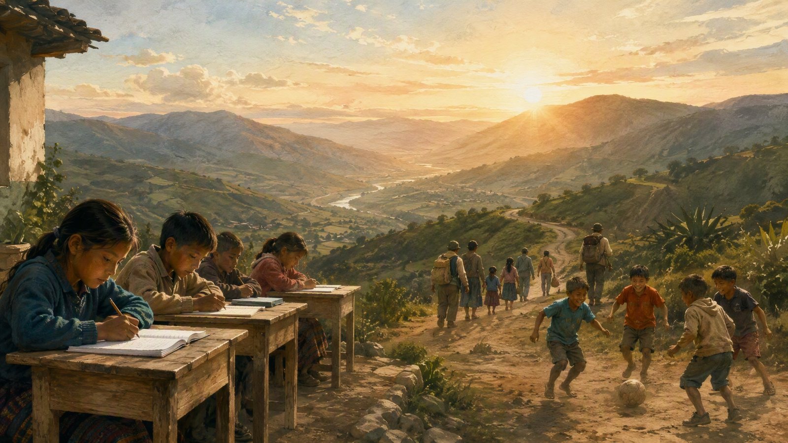Ilustración de niños estudiando y jugando mientras familias caminan por una ruta andina