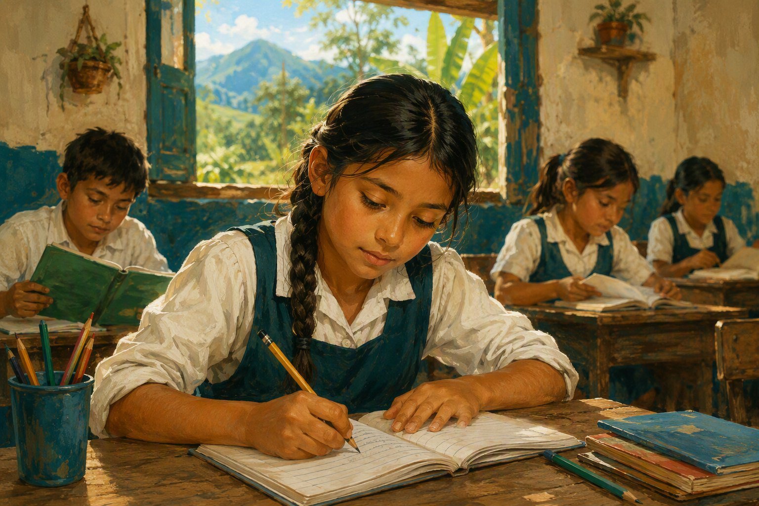 Ilustración de una niña escribiendo en un cuaderno dentro de un aula rural