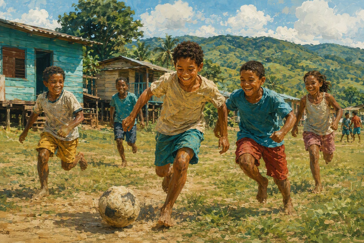 Ilustración de niños y niñas jugando fútbol en una comunidad rural